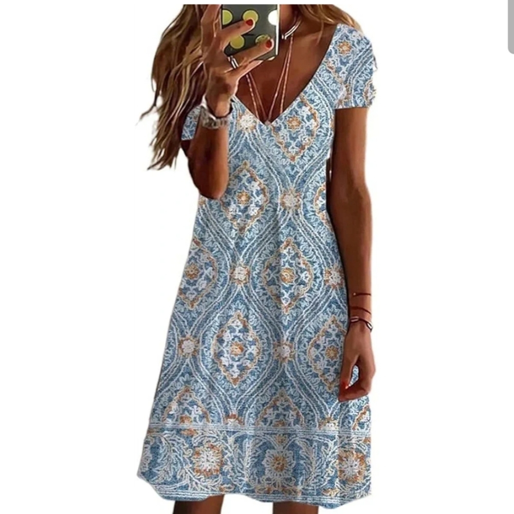 Amazon Blue and White Patterned V-Neck Mini Dress